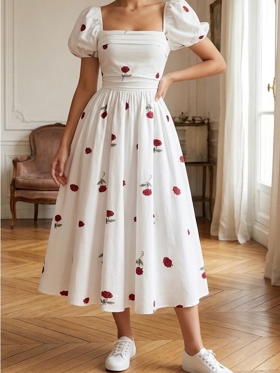 Dresses & Skirts - White Midi Dress with Red Rose Print - Puff Sleeve